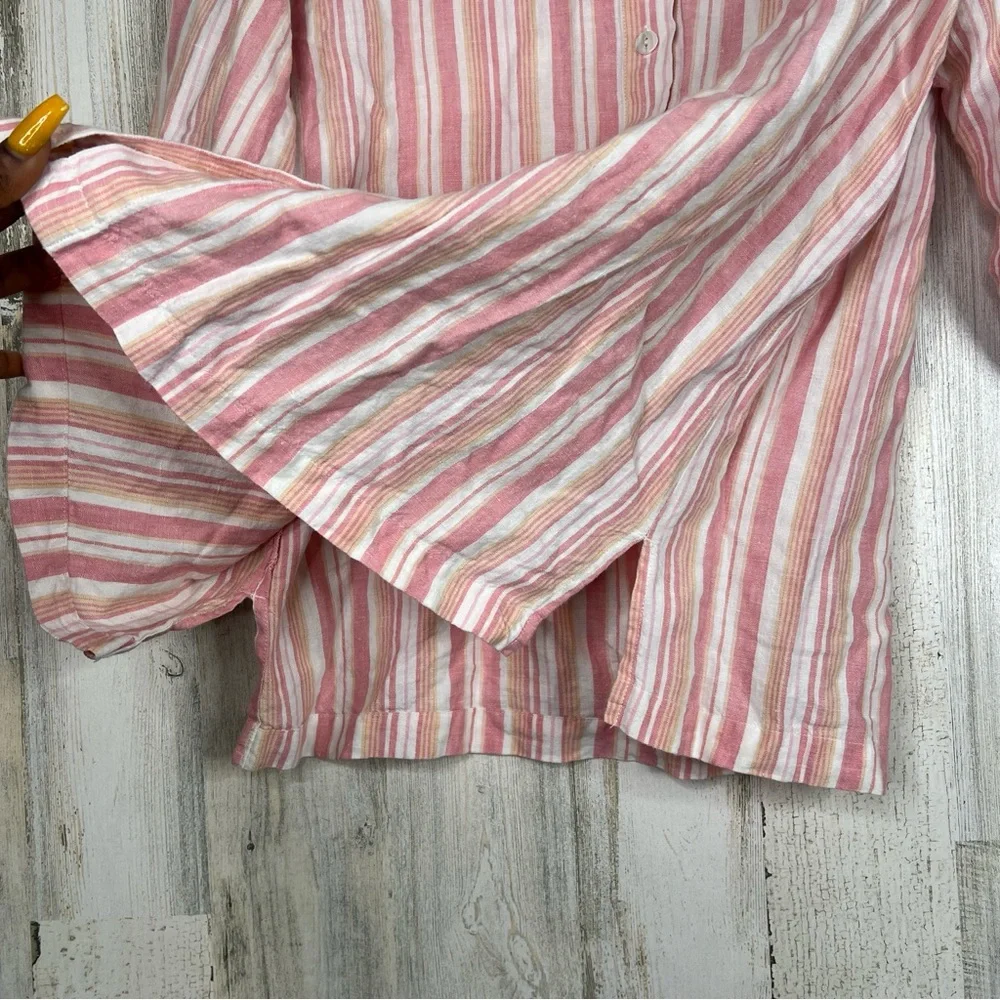 Saint Tropez West 100% Linen Shirt‎ Women's M Pink White Striped Coastal Grandma